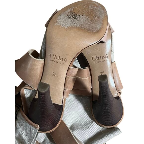 CHLOE Strap Leather Canvas Gladiator High Heel Brown Beige Sandal Sz 36/5.5 - Picture 10 of 10